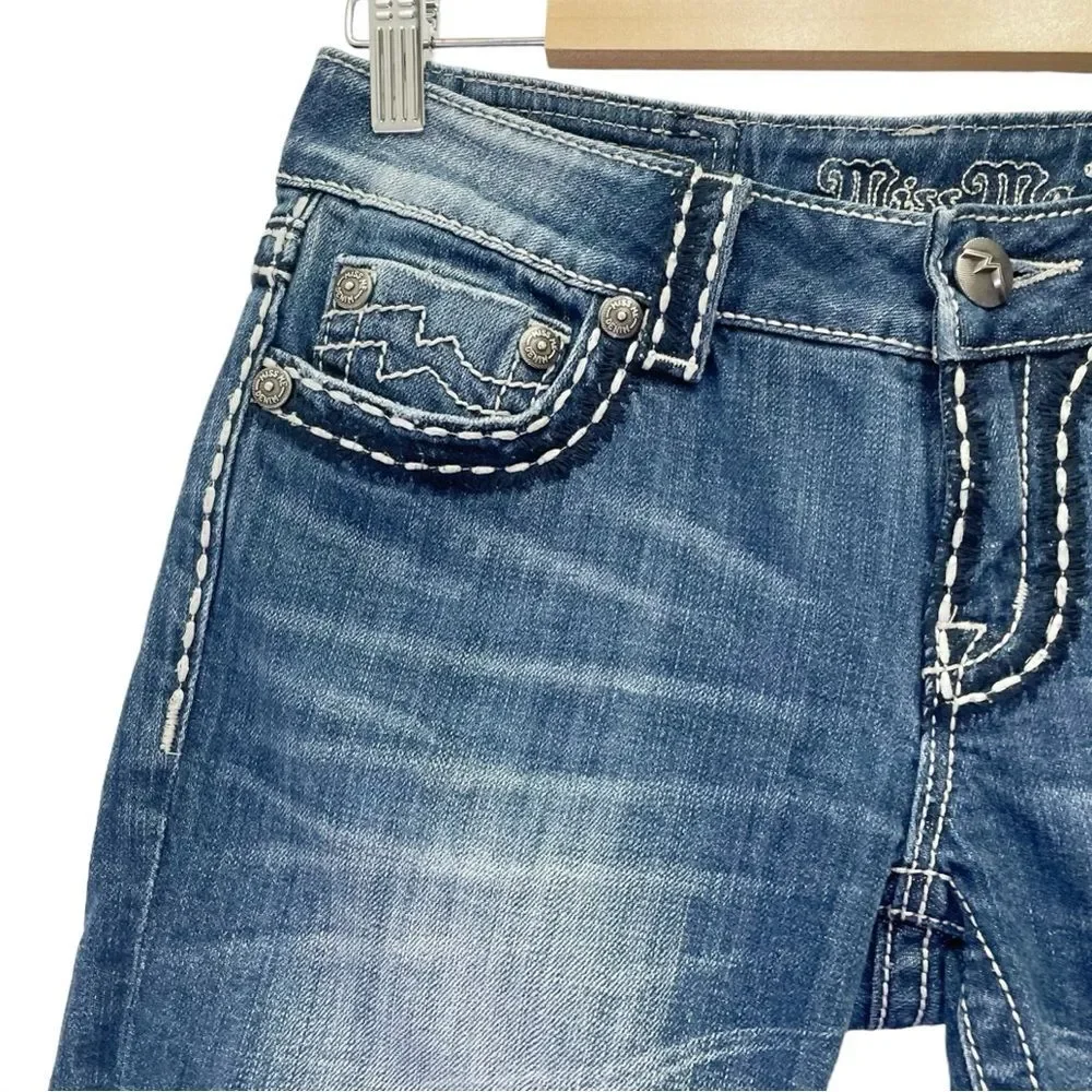 Miss Me Irene Bermuda Shorts Back Flap Y2K Long Jean Shorts Seaside Wash Size 28